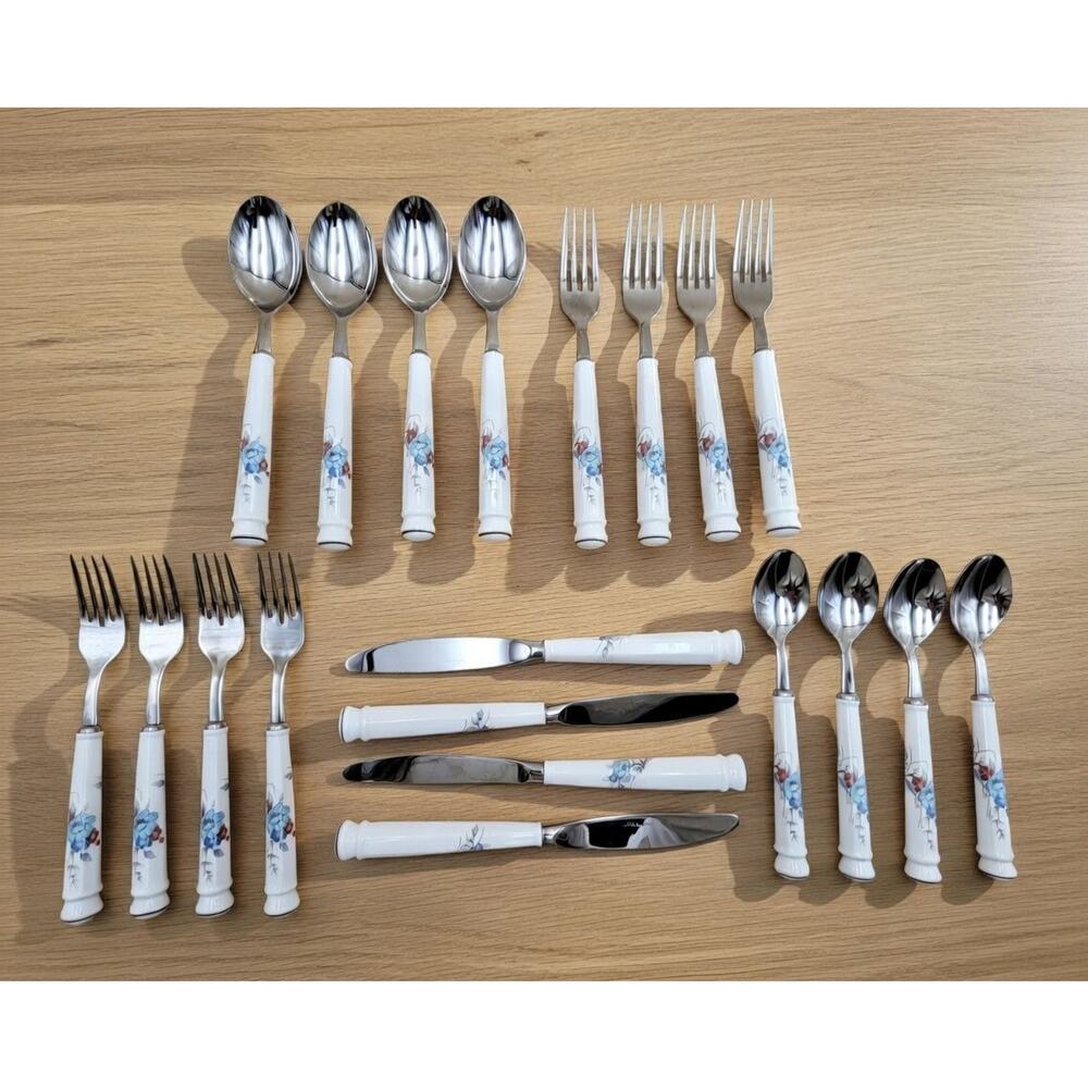 Set 20 Noritake BLEUFLEUR Stainless Japan Service For 4 Discontinued Vtg